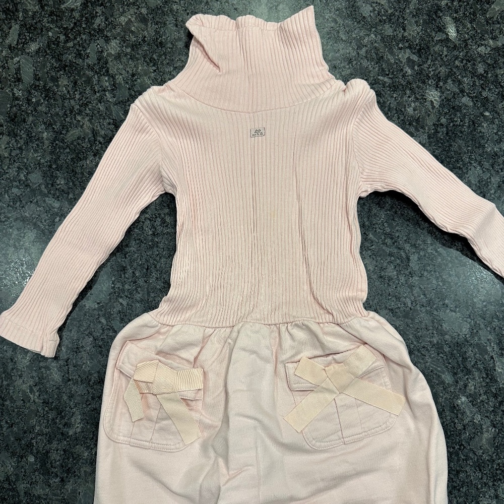 Lili Gaufrette Pink Dress w/ Bows on Pockets and Matching Tights - Girls size 6